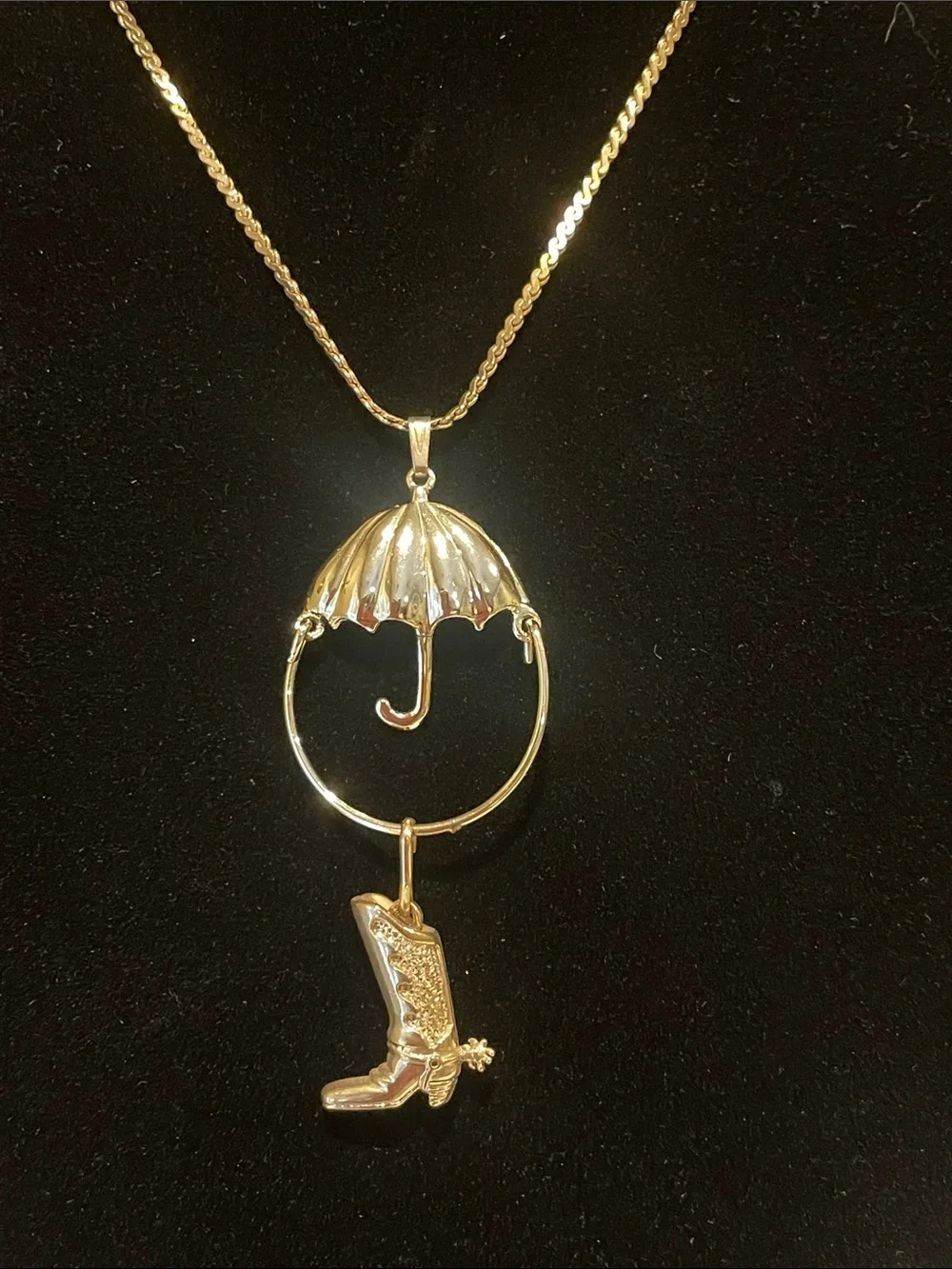 Gold-Tone Umbrella and Cowboy Boot Pendant Necklace - charm necklace from 70’s